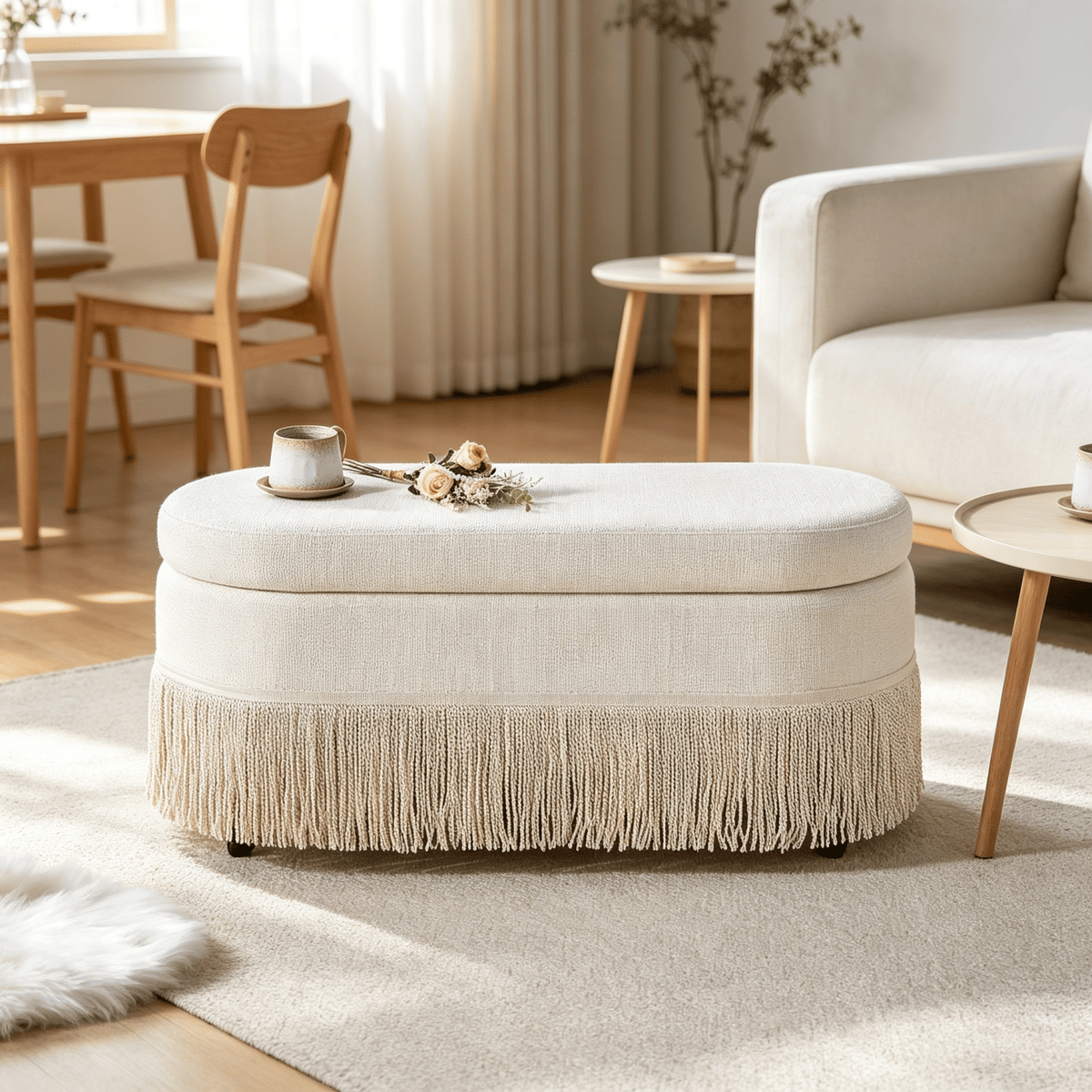 Oval Upholstered Storage Ottoman with Fringe Trim & Lift-Top Lid - 39"L x 16"W x 17"H, Multi-Functional Footrest & Hidden Storage for Living Room or Bedroom - Beige Fabric with Metal Frame