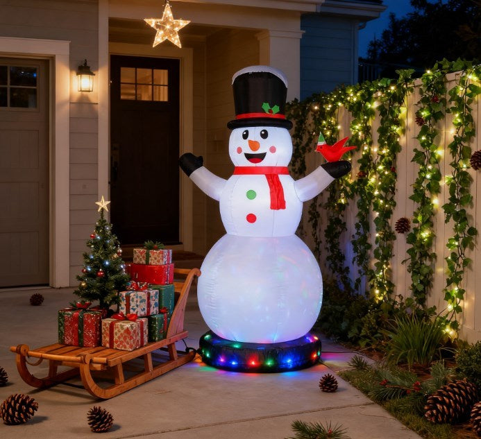 Christmas Blow Up Snowman,Giant Inflatable Snowman with Rotating Colorful LED Light for Indoor, Outdoor, Yard