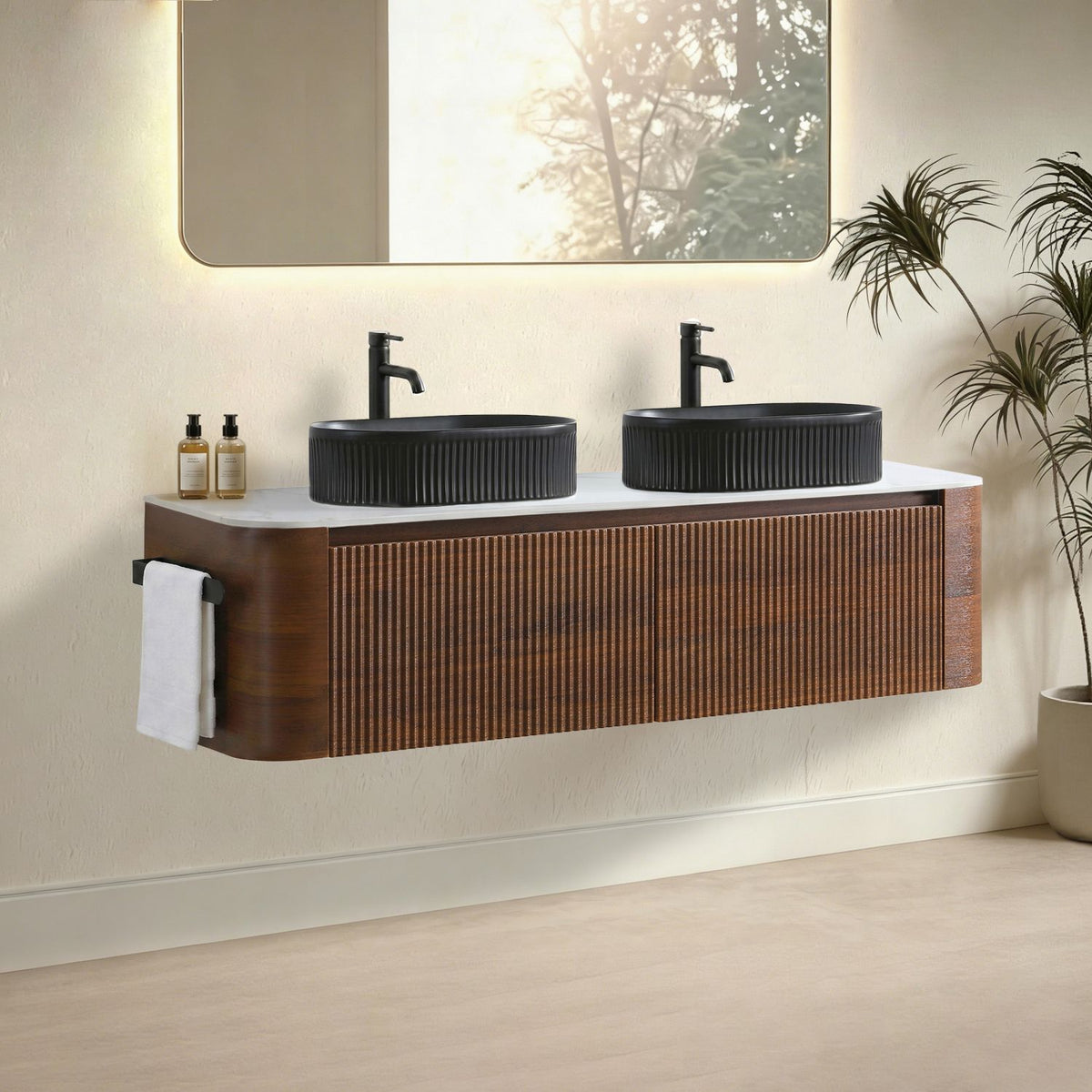 Erba 60 inch Bathroom Vanity with Sink, Walnut Wall Cabinet with Free Towel Rack, Double Black Oval Striped Ceramic Basins Design, without Drain and Faucet, Pre-assembled