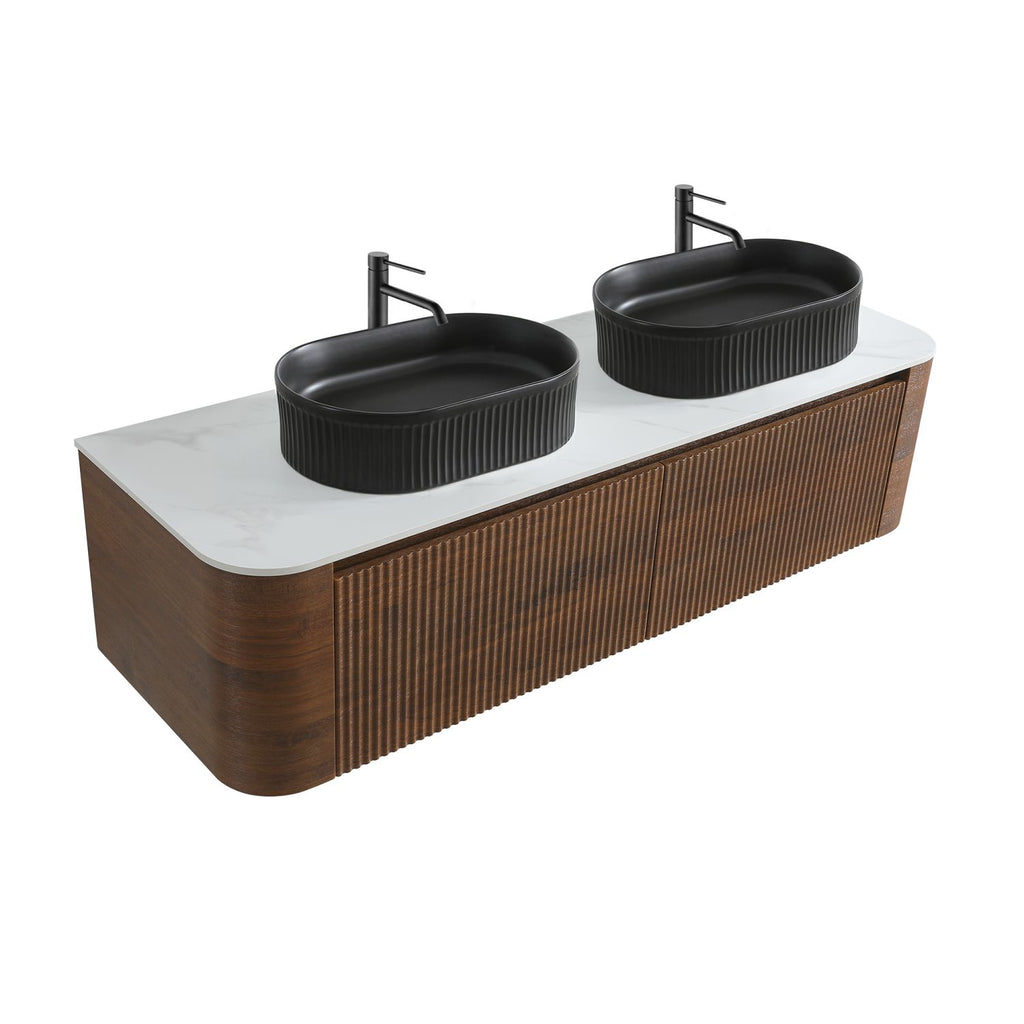 Erba 60 inch Bathroom Vanity with Sink, Walnut Wall Cabinet with Free Towel Rack, Double Black Oval Striped Ceramic Basins Design, without Drain and Faucet, Pre-assembled