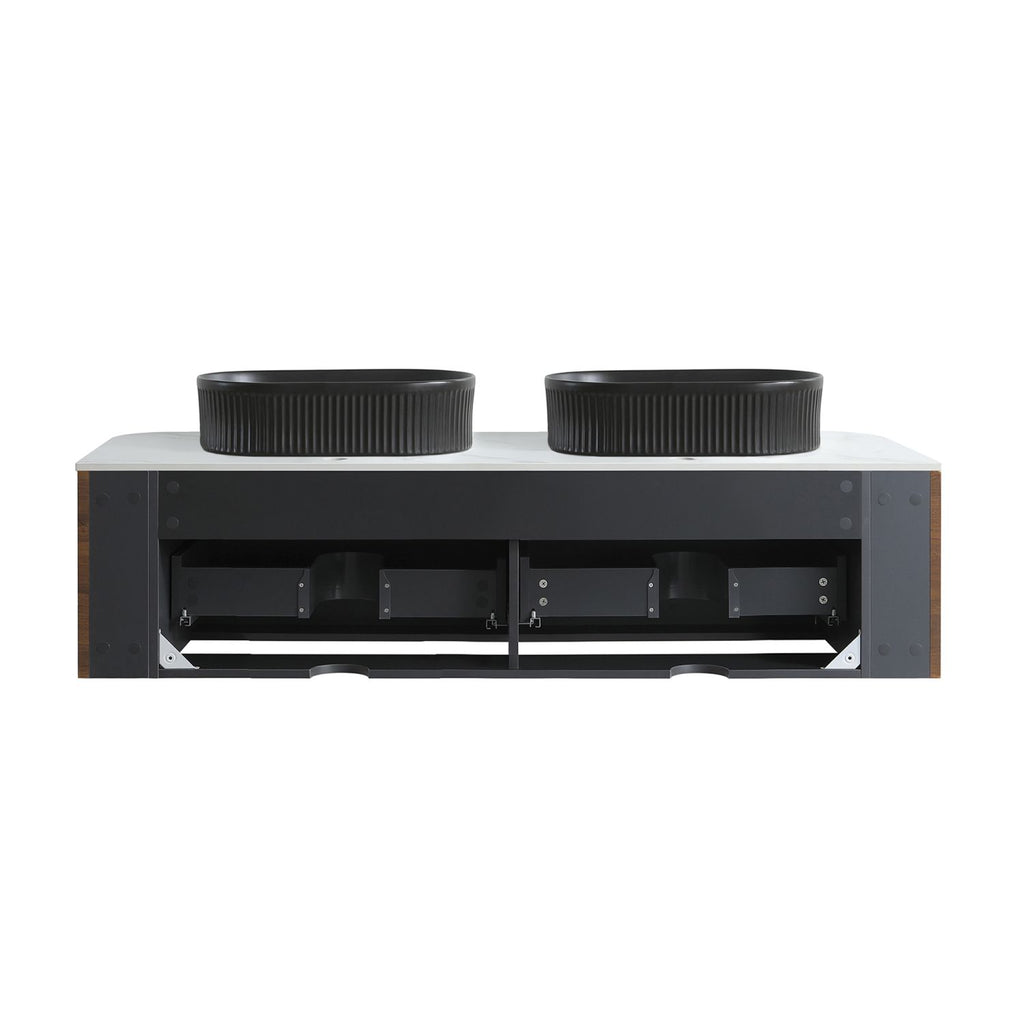 Erba 60 inch Bathroom Vanity with Sink, Walnut Wall Cabinet with Free Towel Rack, Double Black Oval Striped Ceramic Basins Design, without Drain and Faucet, Pre-assembled
