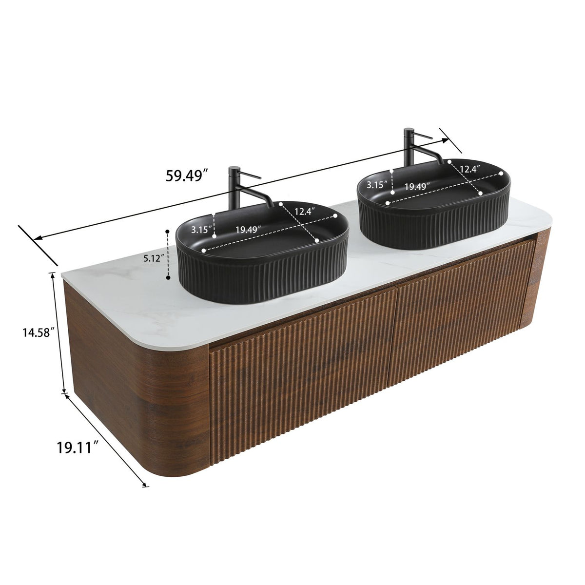 Erba 60 inch Bathroom Vanity with Sink, Walnut Wall Cabinet with Free Towel Rack, Double Black Oval Striped Ceramic Basins Design, without Drain and Faucet, Pre-assembled