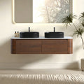 Erba 60 inch Bathroom Vanity with Sink, Walnut Wall Cabinet with Free Towel Rack, Double Black Oval Striped Ceramic Basins Design, without Drain and Faucet, Pre-assembled