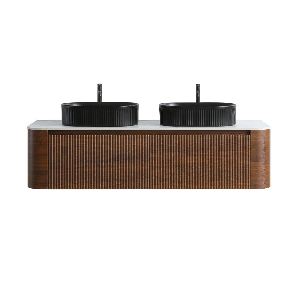 Erba 60 inch Bathroom Vanity with Sink, Walnut Wall Cabinet with Free Towel Rack, Double Black Oval Striped Ceramic Basins Design, without Drain and Faucet, Pre-assembled