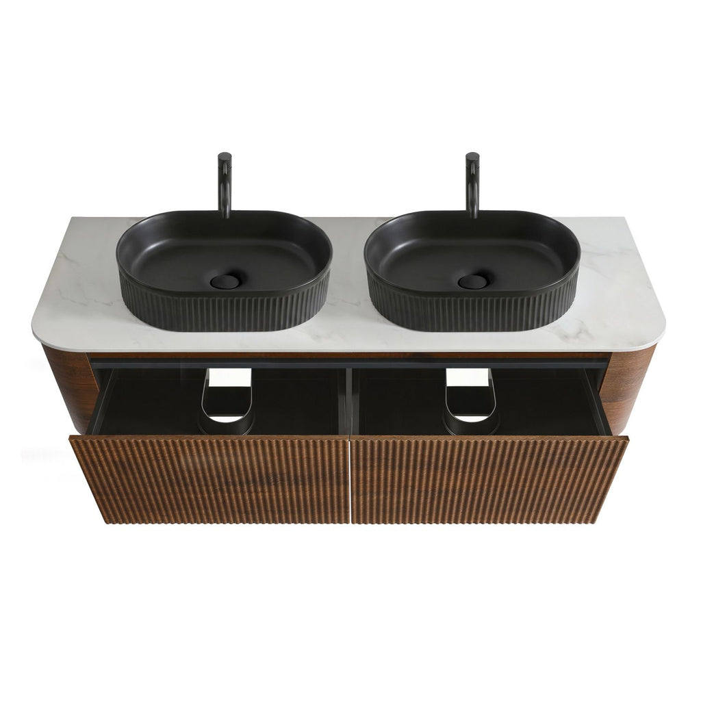 Erba 60 inch Bathroom Vanity with Sink, Walnut Wall Cabinet with Free Towel Rack, Double Black Oval Striped Ceramic Basins Design, without Drain and Faucet, Pre-assembled