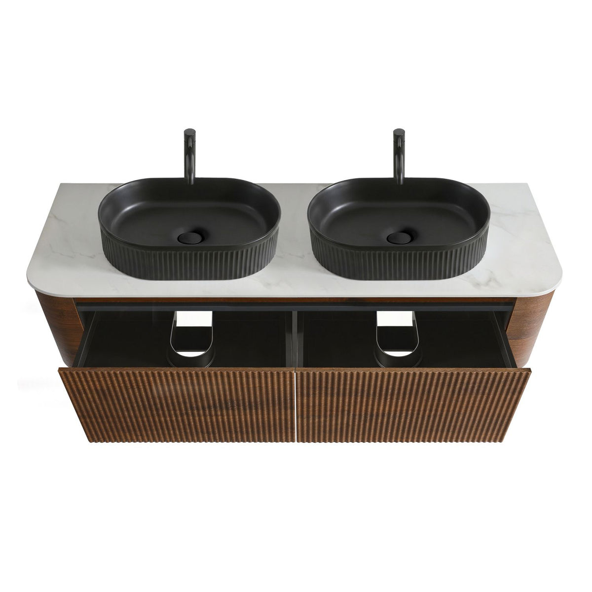 Erba 60 inch Bathroom Vanity with Sink, Walnut Wall Cabinet with Free Towel Rack, Double Black Oval Striped Ceramic Basins Design, without Drain and Faucet, Pre-assembled