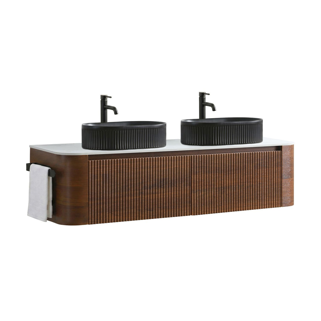 Erba 60 inch Bathroom Vanity with Sink, Walnut Wall Cabinet with Free Towel Rack, Double Black Oval Striped Ceramic Basins Design, without Drain and Faucet, Pre-assembled