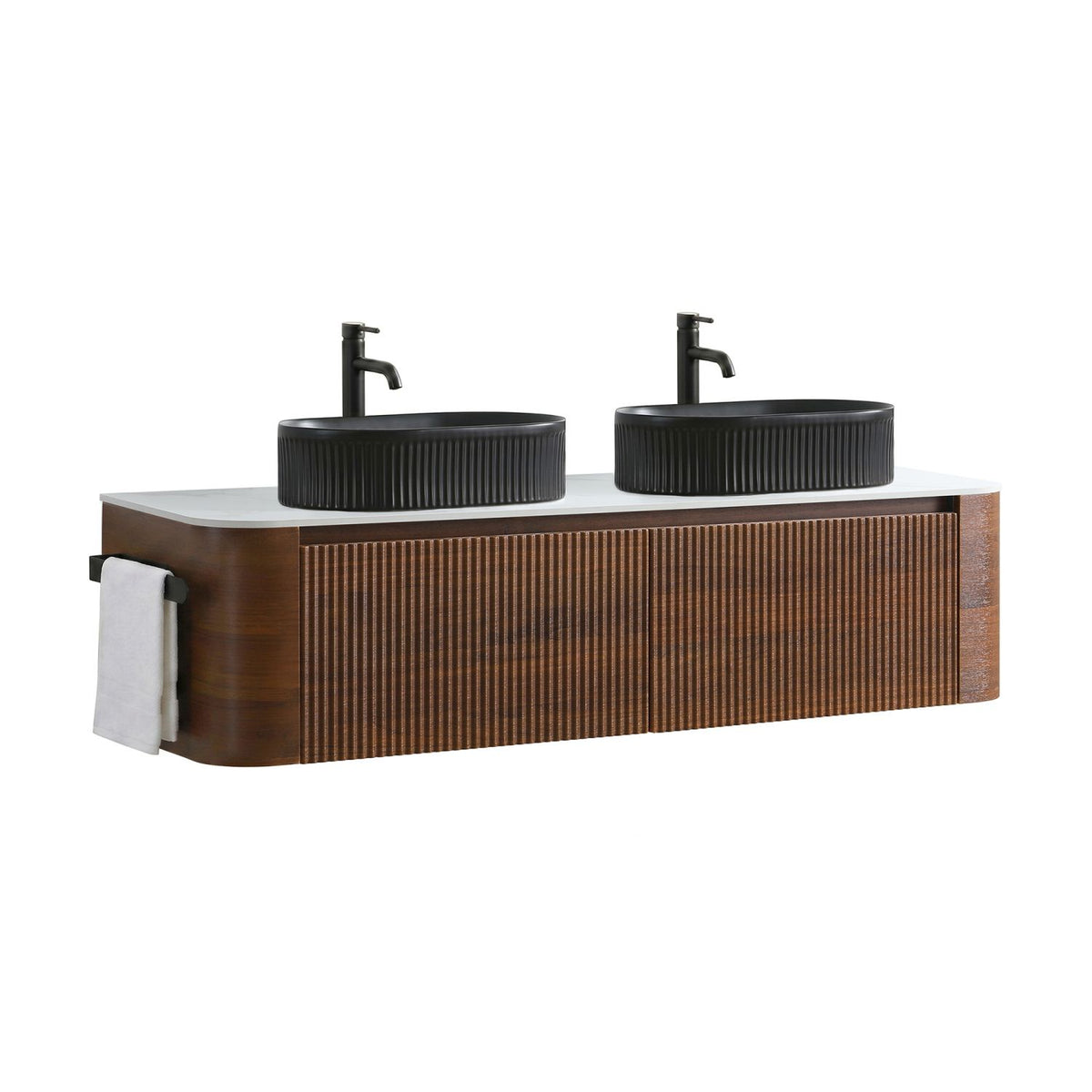 Erba 60 inch Bathroom Vanity with Sink, Walnut Wall Cabinet with Free Towel Rack, Double Black Oval Striped Ceramic Basins Design, without Drain and Faucet, Pre-assembled