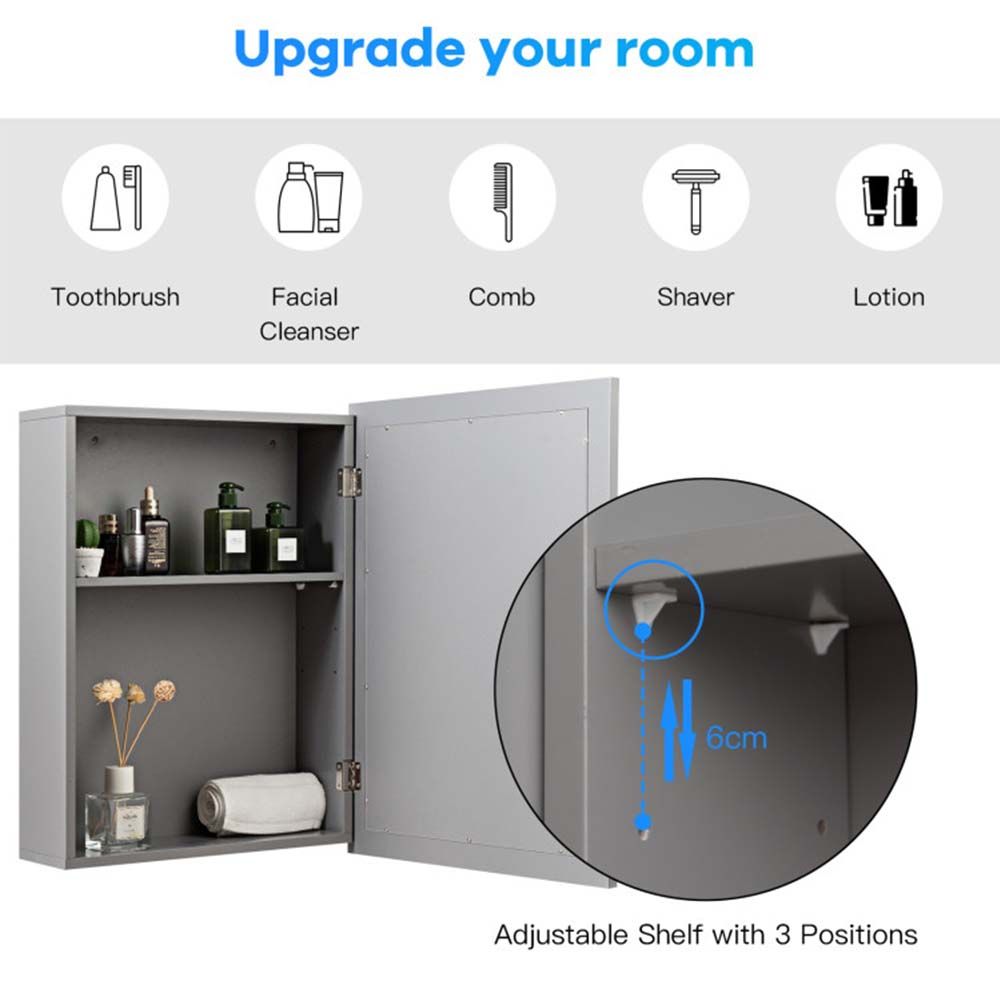 Mirrored Bathroom Medicine Cabinet with Single Door and Adjustable Shelf