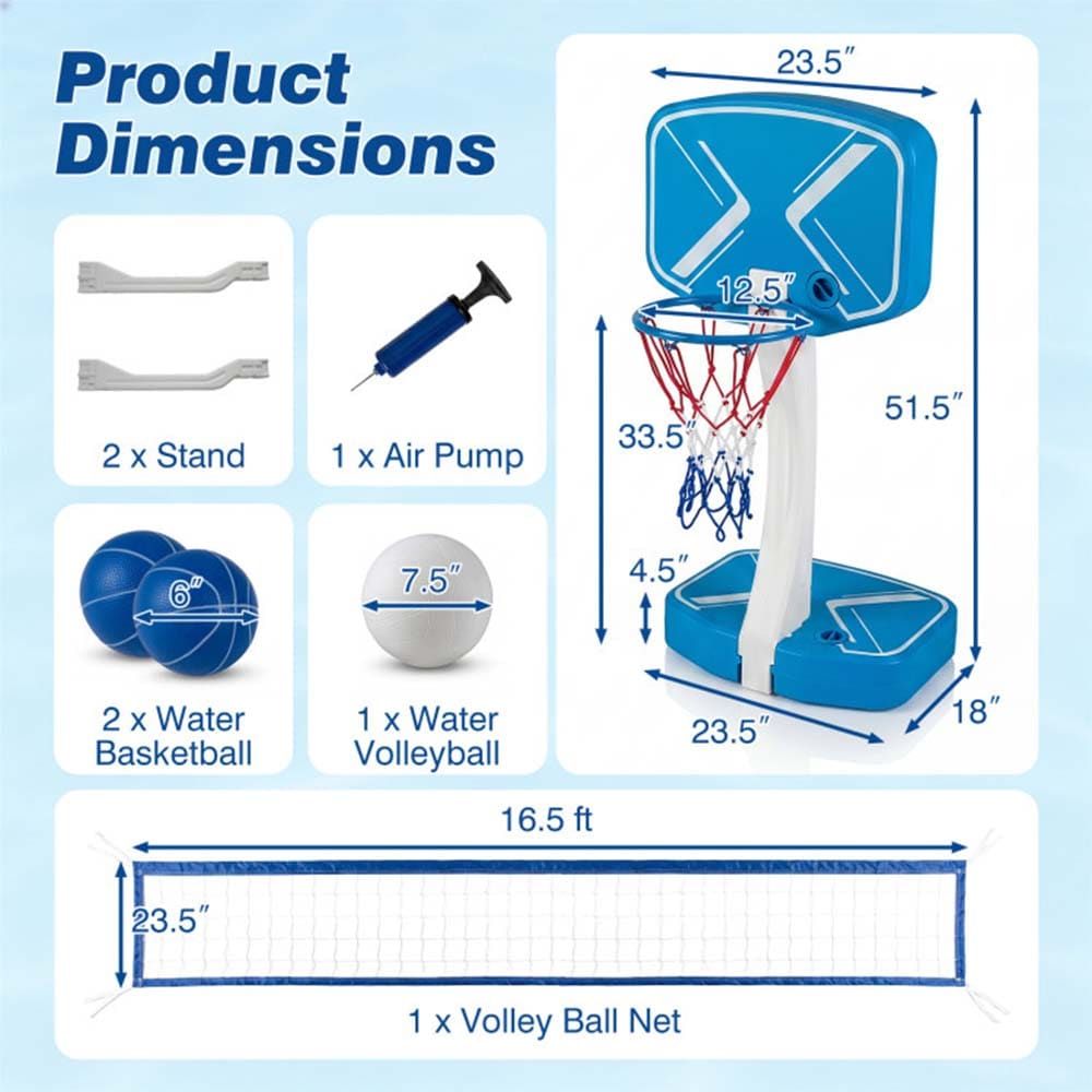 2-in-1 Pool Basketball Hoop and Pool Volleyball Net with Weighted Base