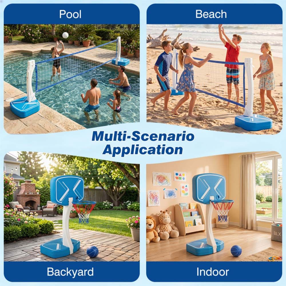 2-in-1 Pool Basketball Hoop and Pool Volleyball Net with Weighted Base