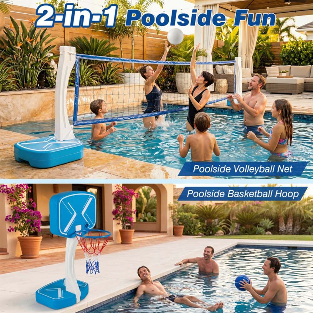 2-in-1 Pool Basketball Hoop and Pool Volleyball Net with Weighted Base