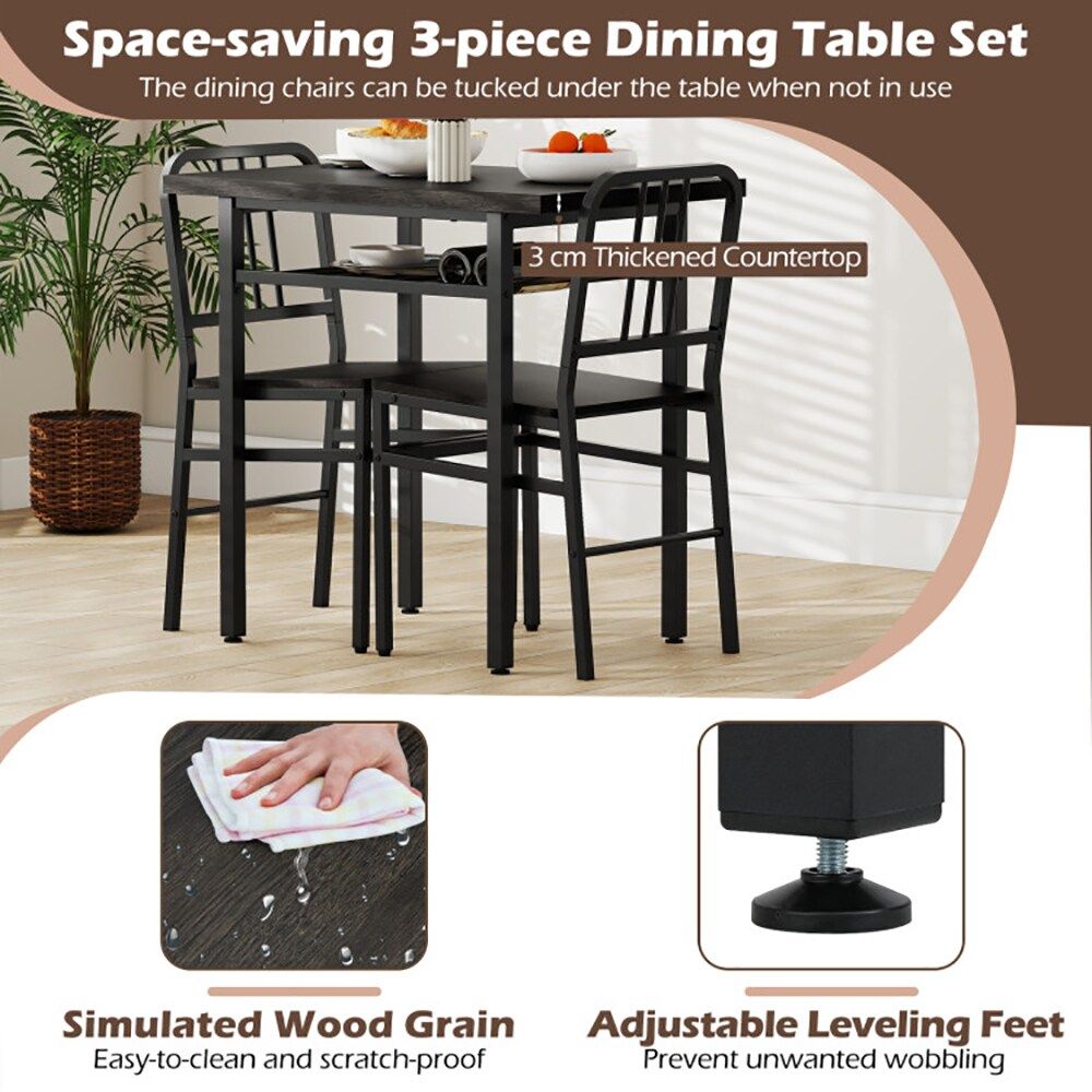 3-Piece Dining Table Set with Rectangular Kitchen Table and 2 Chairs for Kitchen, Dining Room, Breakfast Nook, or Restaurant