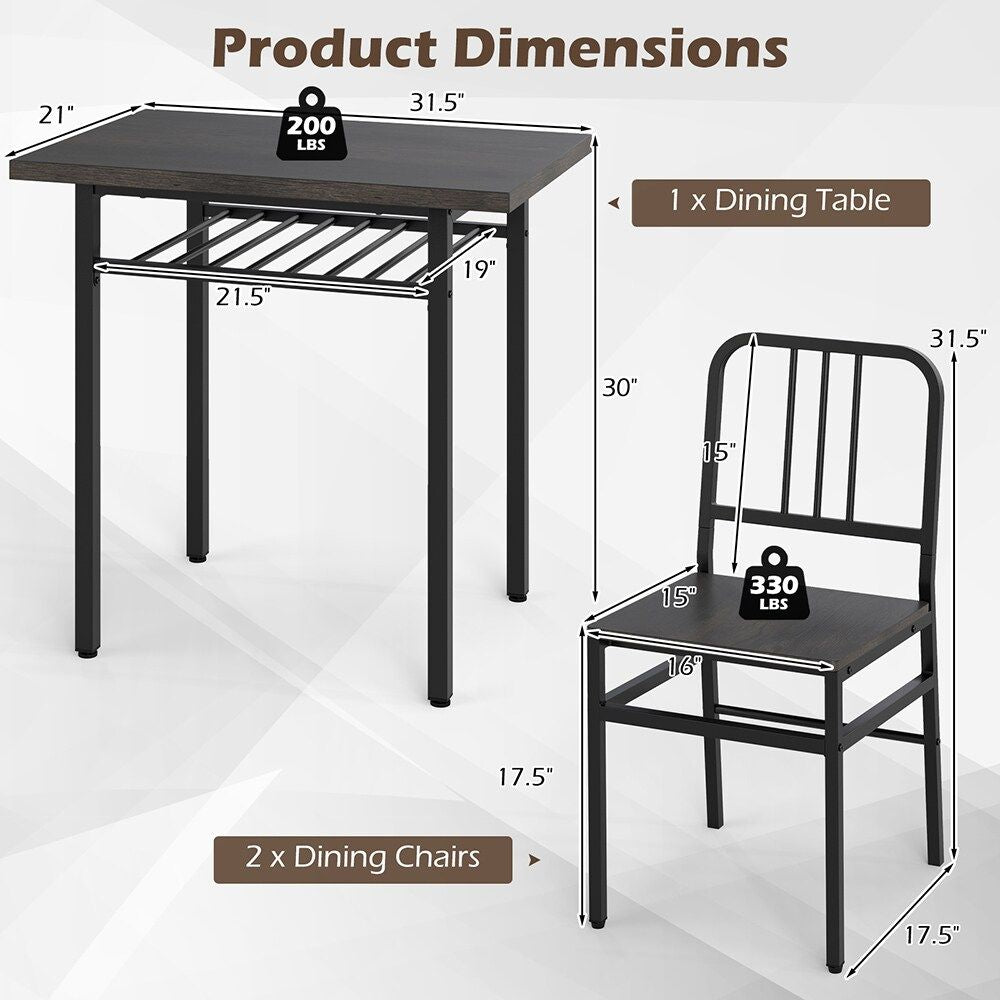 3-Piece Dining Table Set with Rectangular Kitchen Table and 2 Chairs for Kitchen, Dining Room, Breakfast Nook, or Restaurant