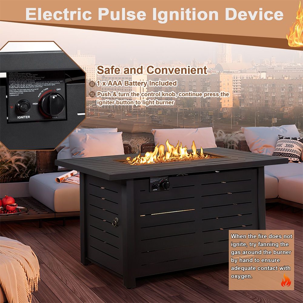 42 Inch 60,000 BTU Rectangular Propane Fire Pit Table with Waterproof Cover