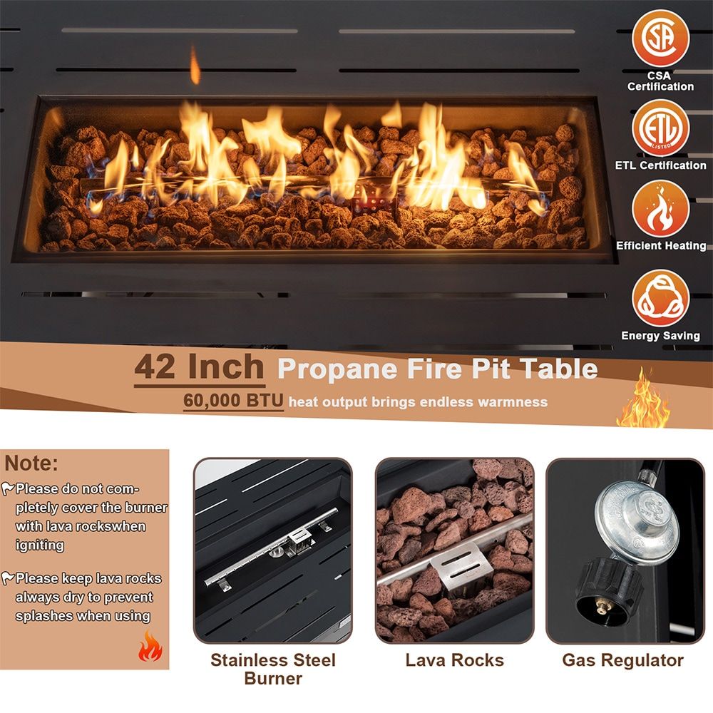 42 Inch 60,000 BTU Rectangular Propane Fire Pit Table with Waterproof Cover