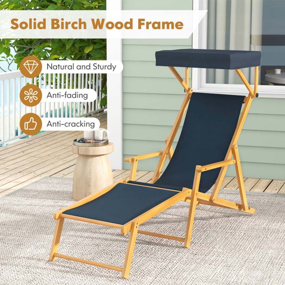 Birch Wood Chaise Lounge Chair Foldable Beach Chair with Adjustable Canopy