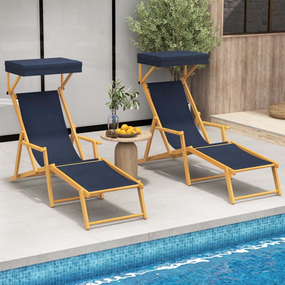 Birch Wood Chaise Lounge Chair Foldable Beach Chair with Adjustable Canopy