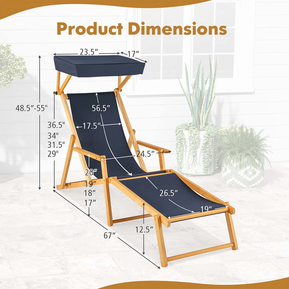Birch Wood Chaise Lounge Chair Foldable Beach Chair with Adjustable Canopy