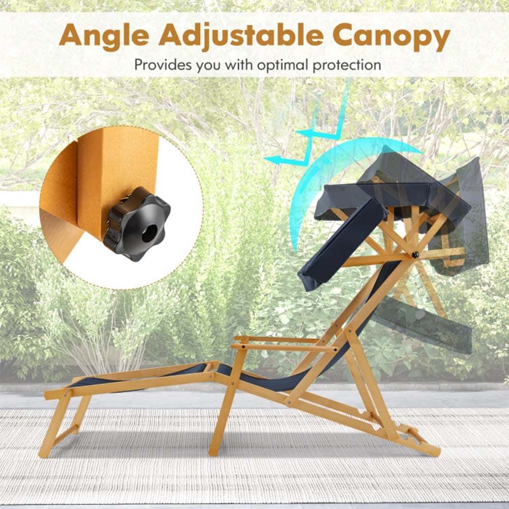 Birch Wood Chaise Lounge Chair Foldable Beach Chair with Adjustable Canopy