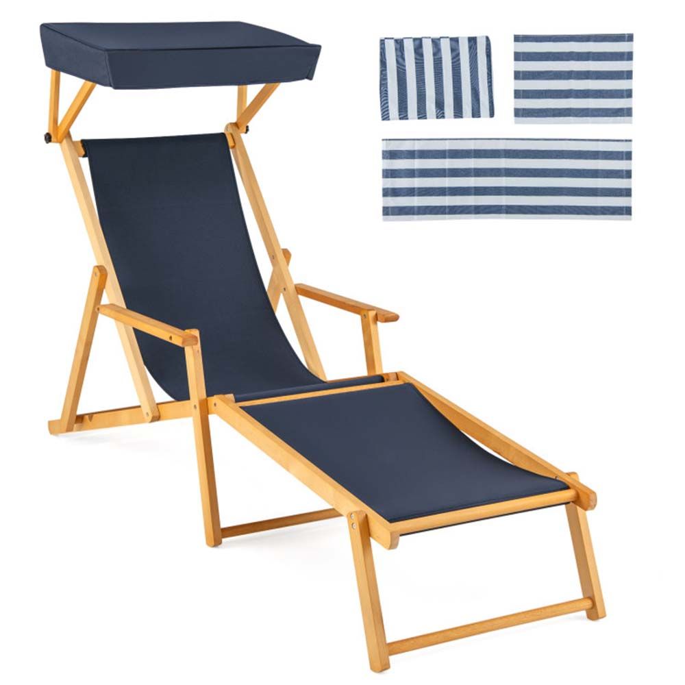 Birch Wood Chaise Lounge Chair Foldable Beach Chair with Adjustable Canopy