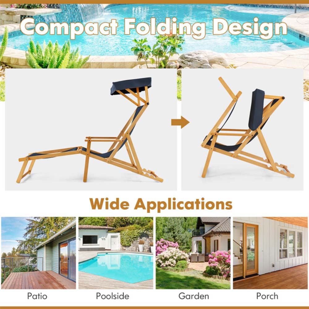Birch Wood Chaise Lounge Chair Foldable Beach Chair with Adjustable Canopy