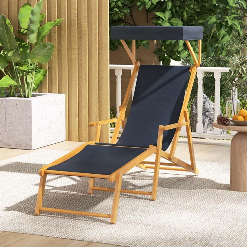 Birch Wood Chaise Lounge Chair Foldable Beach Chair with Adjustable Canopy