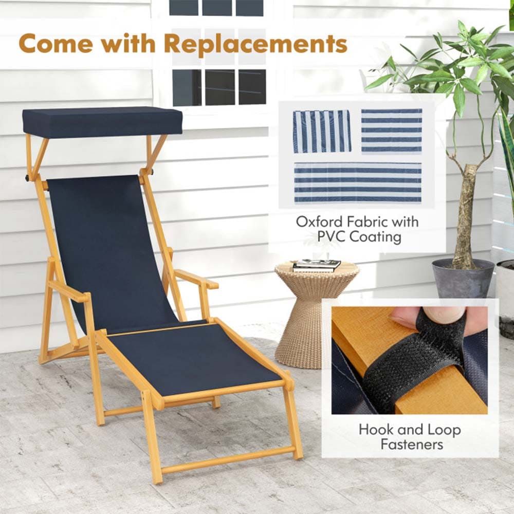 Birch Wood Chaise Lounge Chair Foldable Beach Chair with Adjustable Canopy