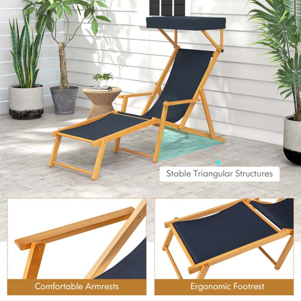 Birch Wood Chaise Lounge Chair Foldable Beach Chair with Adjustable Canopy