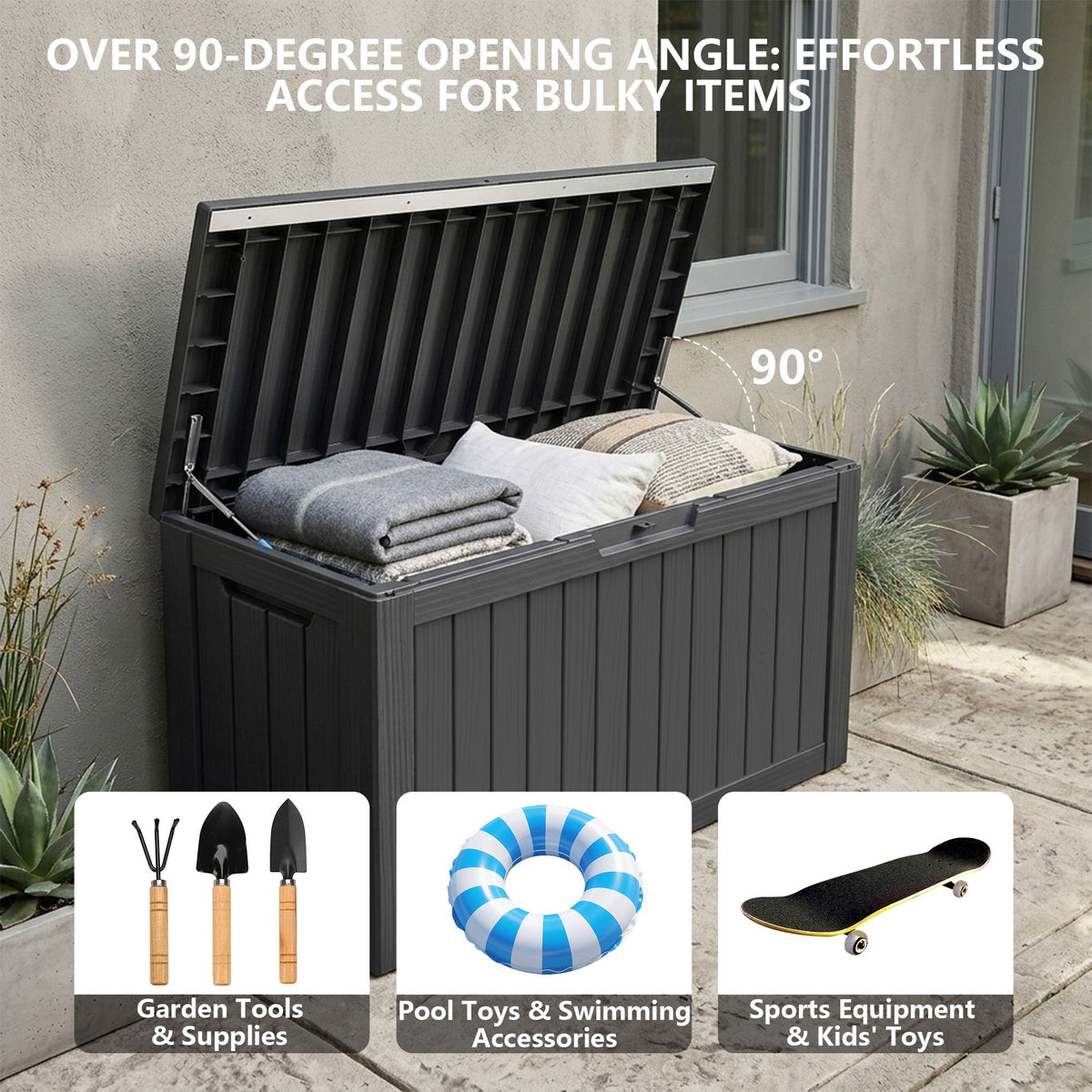 Outdoor Storage Box, Resin Deck Boxes Indoor and outdoor, Waterproof Storage Box Lockable Lid (Black, 80 Gallon)
