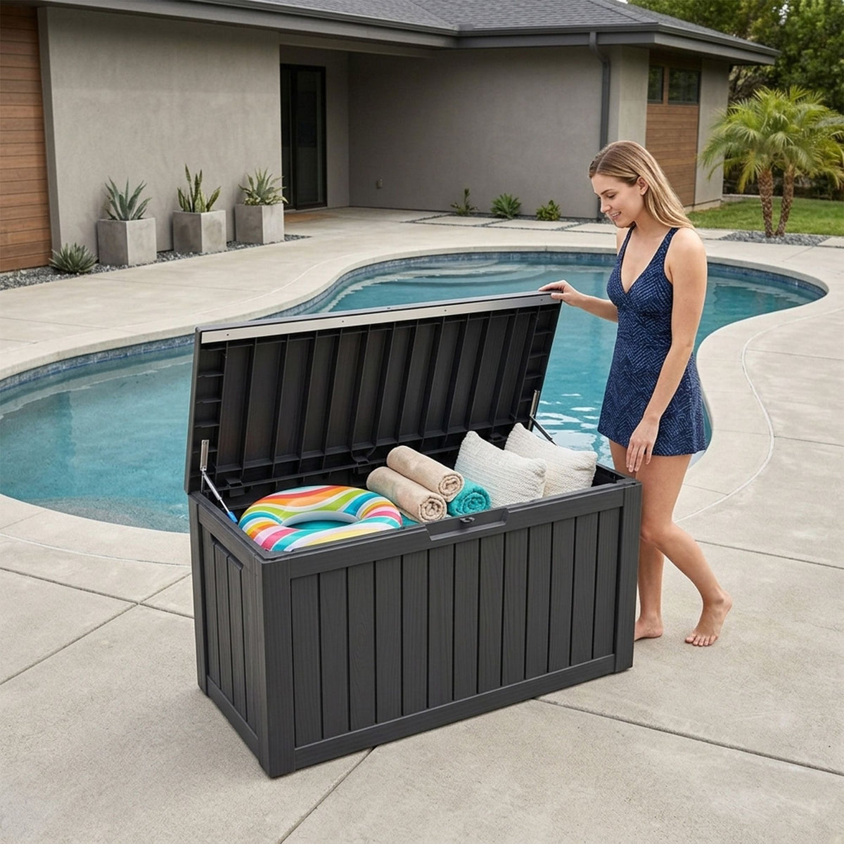 Outdoor Storage Box, Resin Deck Boxes Indoor and outdoor, Waterproof Storage Box Lockable Lid (Black, 80 Gallon)