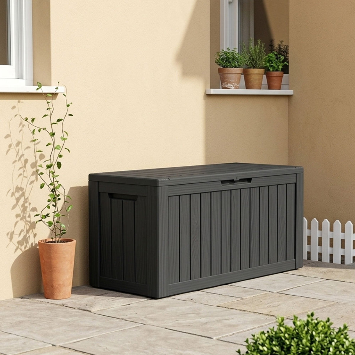 Outdoor Storage Box, Resin Deck Boxes Indoor and outdoor, Waterproof Storage Box Lockable Lid (Black, 80 Gallon)