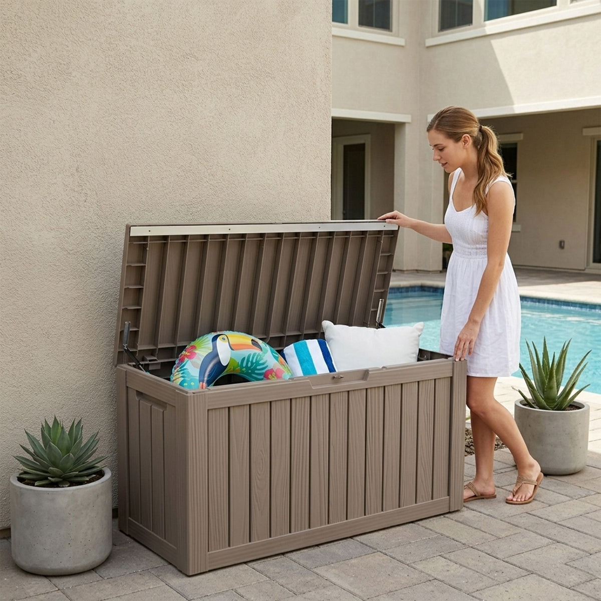 Outdoor Storage Box, Resin Deck Boxes Indoor and outdoor, Waterproof Storage Box Lockable Lid (Black, 80 Gallon)