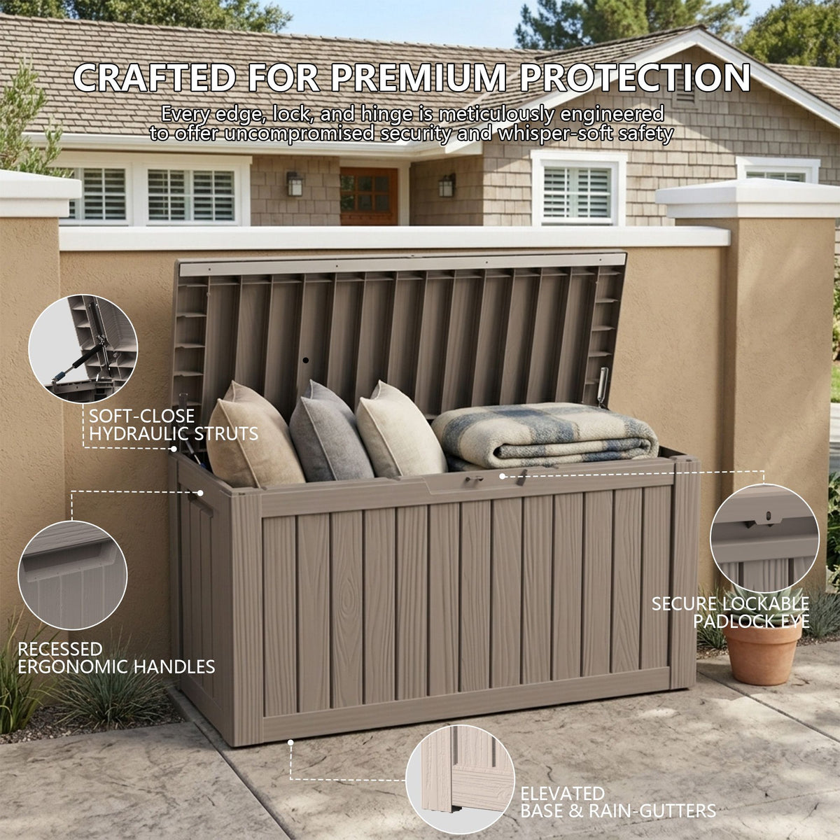 Outdoor Storage Box, Resin Deck Boxes Indoor and outdoor, Waterproof Storage Box Lockable Lid (Black, 80 Gallon)