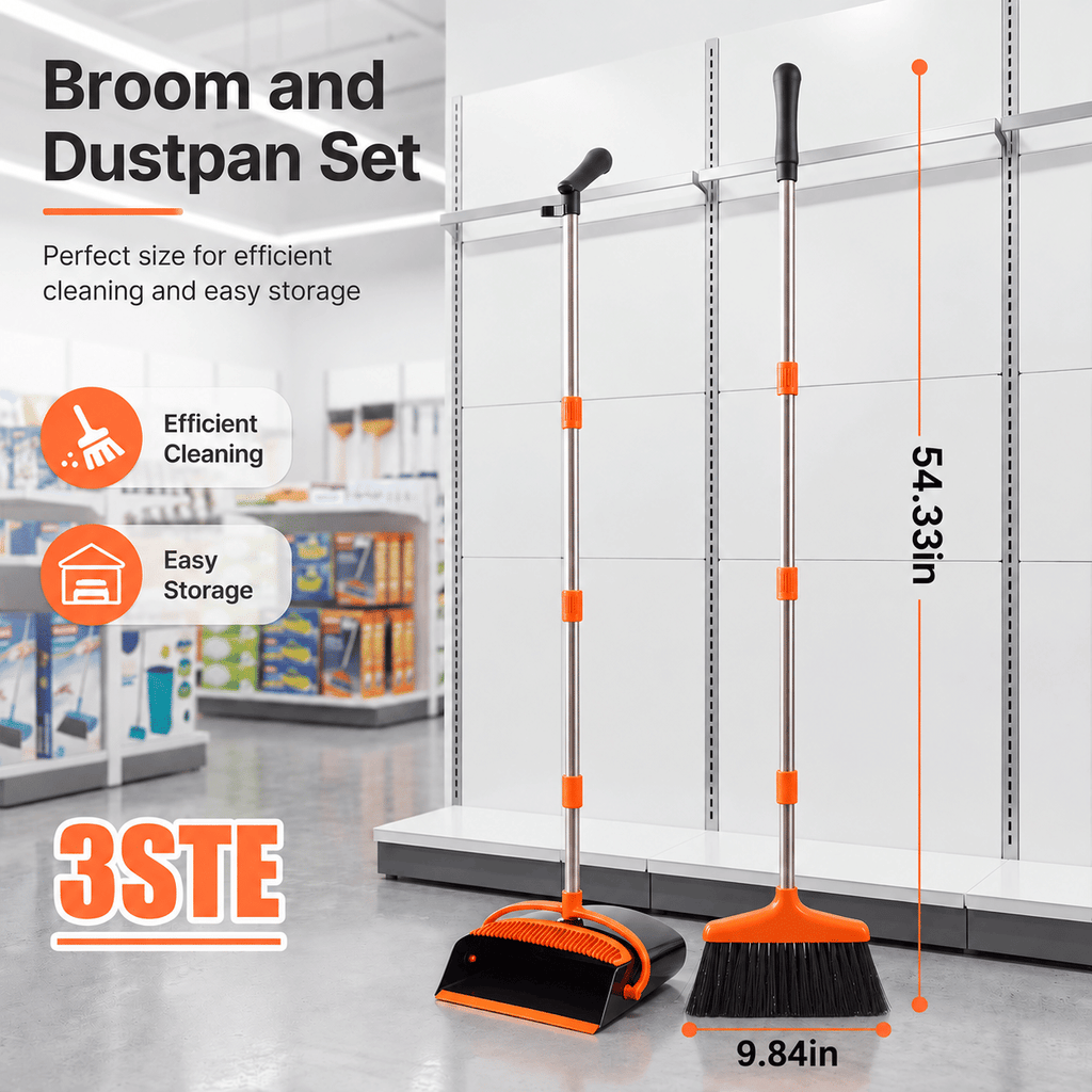 54.33-inch long-handled, one-piece design, lightweight stainless steel handle, upright dustpan with broom combination, suitable for household, kitchen, office and pet hair cleaning (black and orange).