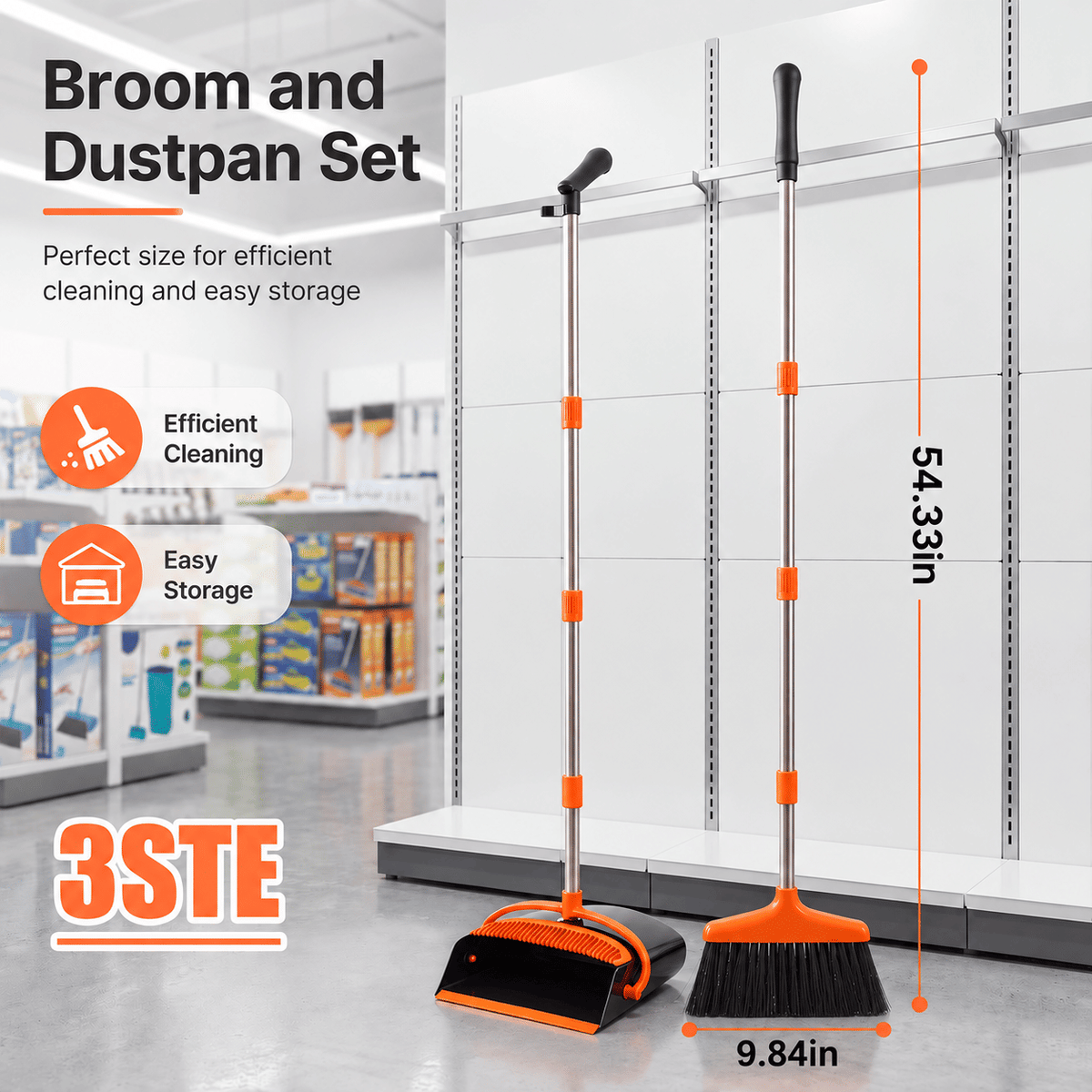 54.33-inch long-handled, one-piece design, lightweight stainless steel handle, upright dustpan with broom combination, suitable for household, kitchen, office and pet hair cleaning (black and orange).