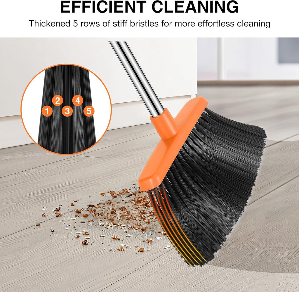 54.33-inch long-handled, one-piece design, lightweight stainless steel handle, upright dustpan with broom combination, suitable for household, kitchen, office and pet hair cleaning (black and orange).