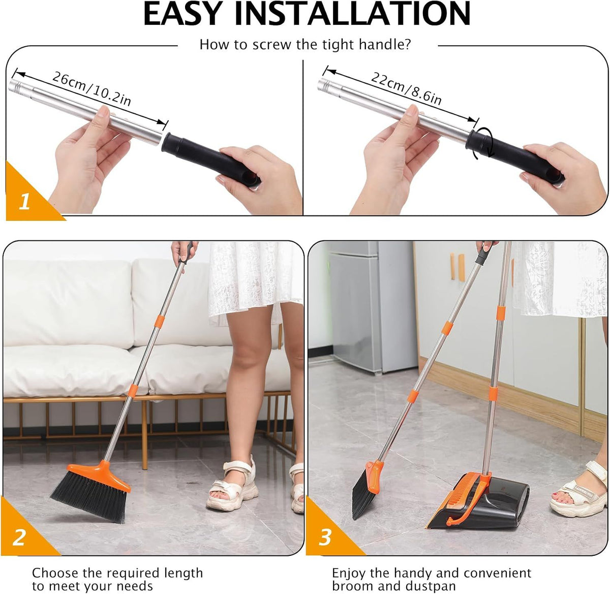 54.33-inch long-handled, one-piece design, lightweight stainless steel handle, upright dustpan with broom combination, suitable for household, kitchen, office and pet hair cleaning (black and orange).