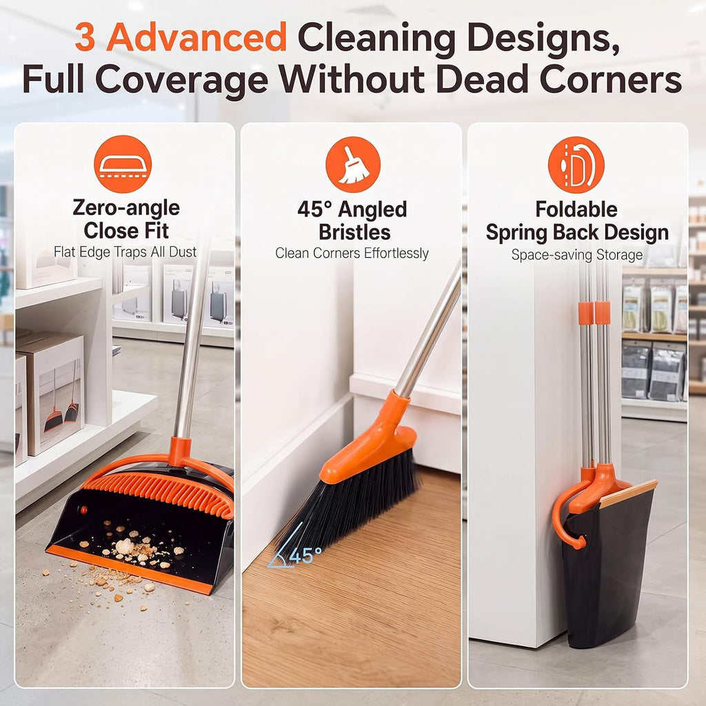54.33-inch long-handled, one-piece design, lightweight stainless steel handle, upright dustpan with broom combination, suitable for household, kitchen, office and pet hair cleaning (black and orange).