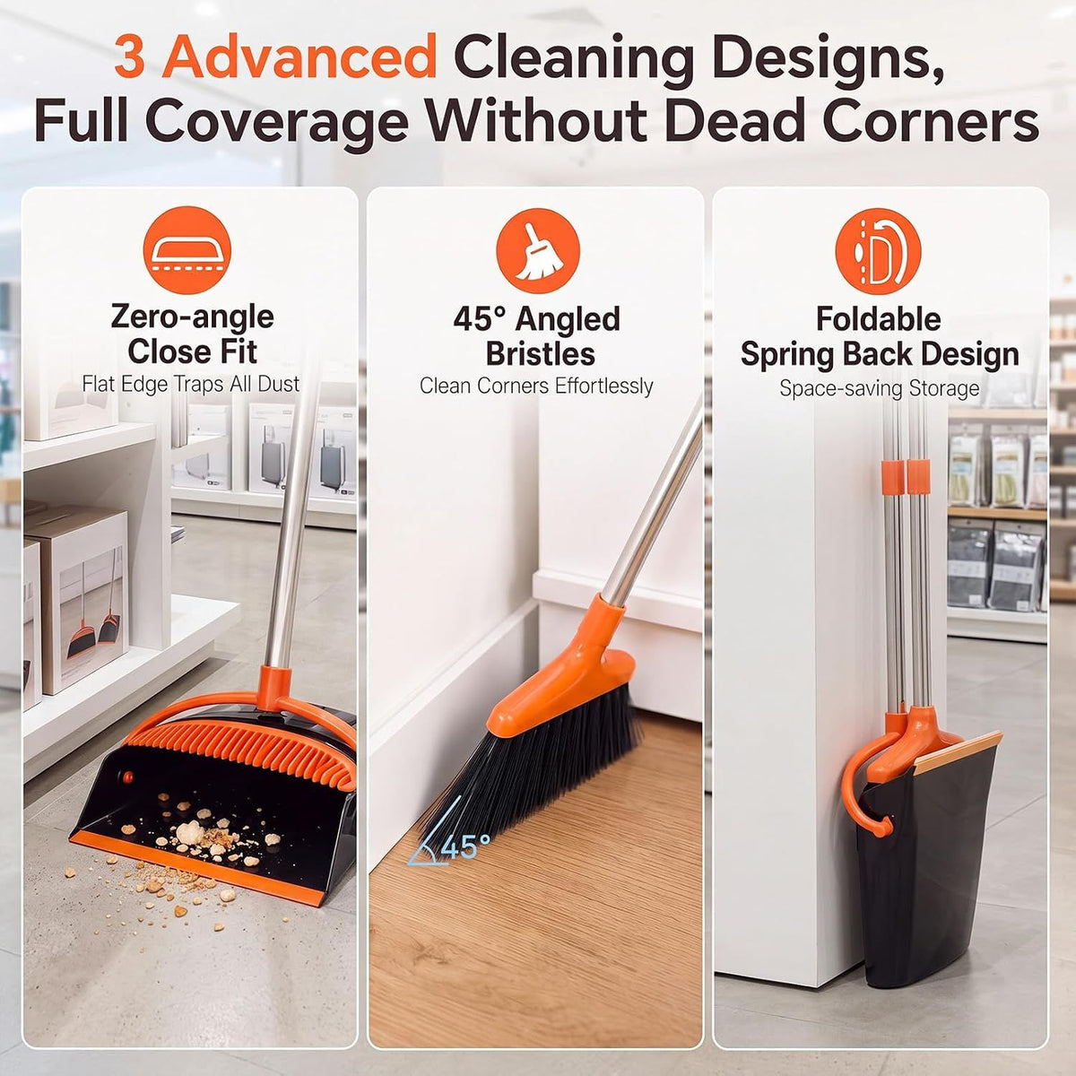 54.33-inch long-handled, one-piece design, lightweight stainless steel handle, upright dustpan with broom combination, suitable for household, kitchen, office and pet hair cleaning (black and orange).
