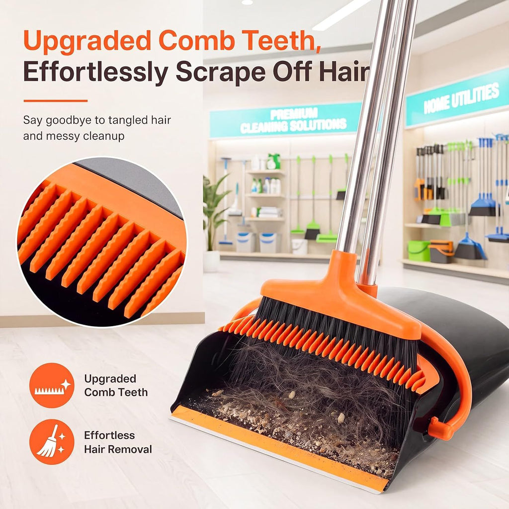 54.33-inch long-handled, one-piece design, lightweight stainless steel handle, upright dustpan with broom combination, suitable for household, kitchen, office and pet hair cleaning (black and orange).