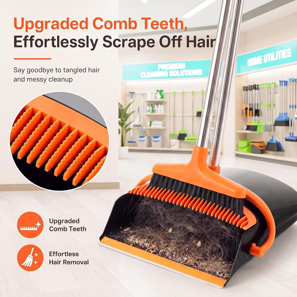 54.33-inch long-handled, one-piece design, lightweight stainless steel handle, upright dustpan with broom combination, suitable for household, kitchen, office and pet hair cleaning (black and orange).