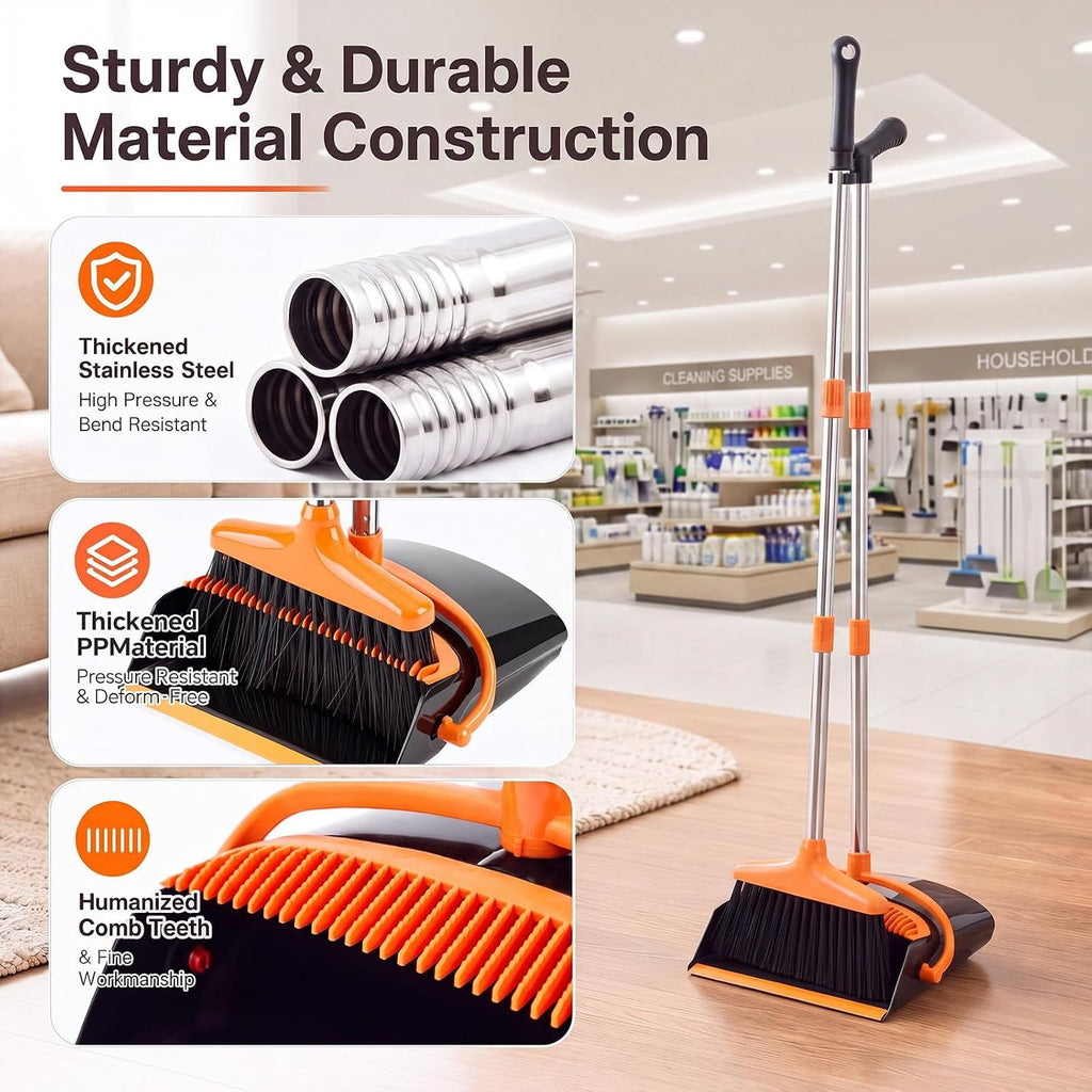 54.33-inch long-handled, one-piece design, lightweight stainless steel handle, upright dustpan with broom combination, suitable for household, kitchen, office and pet hair cleaning (black and orange).