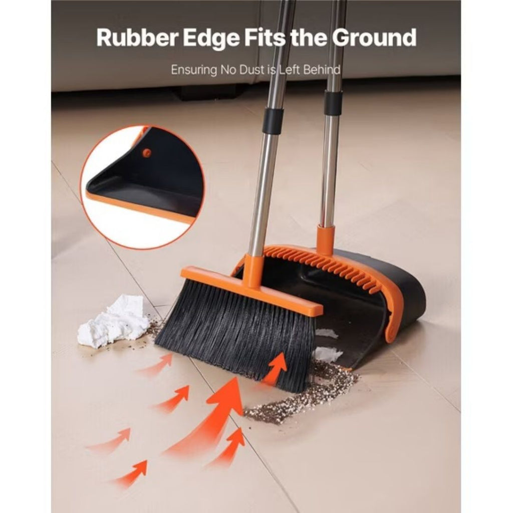54.33-inch long-handled, one-piece design, lightweight stainless steel handle, upright dustpan with broom combination, suitable for household, kitchen, office and pet hair cleaning (black and orange).