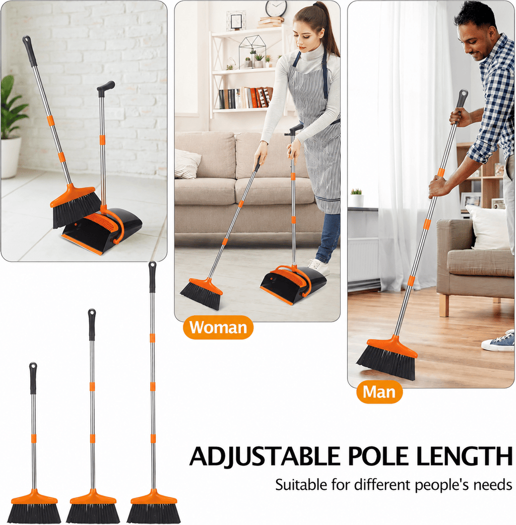 54.33-inch long-handled, one-piece design, lightweight stainless steel handle, upright dustpan with broom combination, suitable for household, kitchen, office and pet hair cleaning (black and orange).