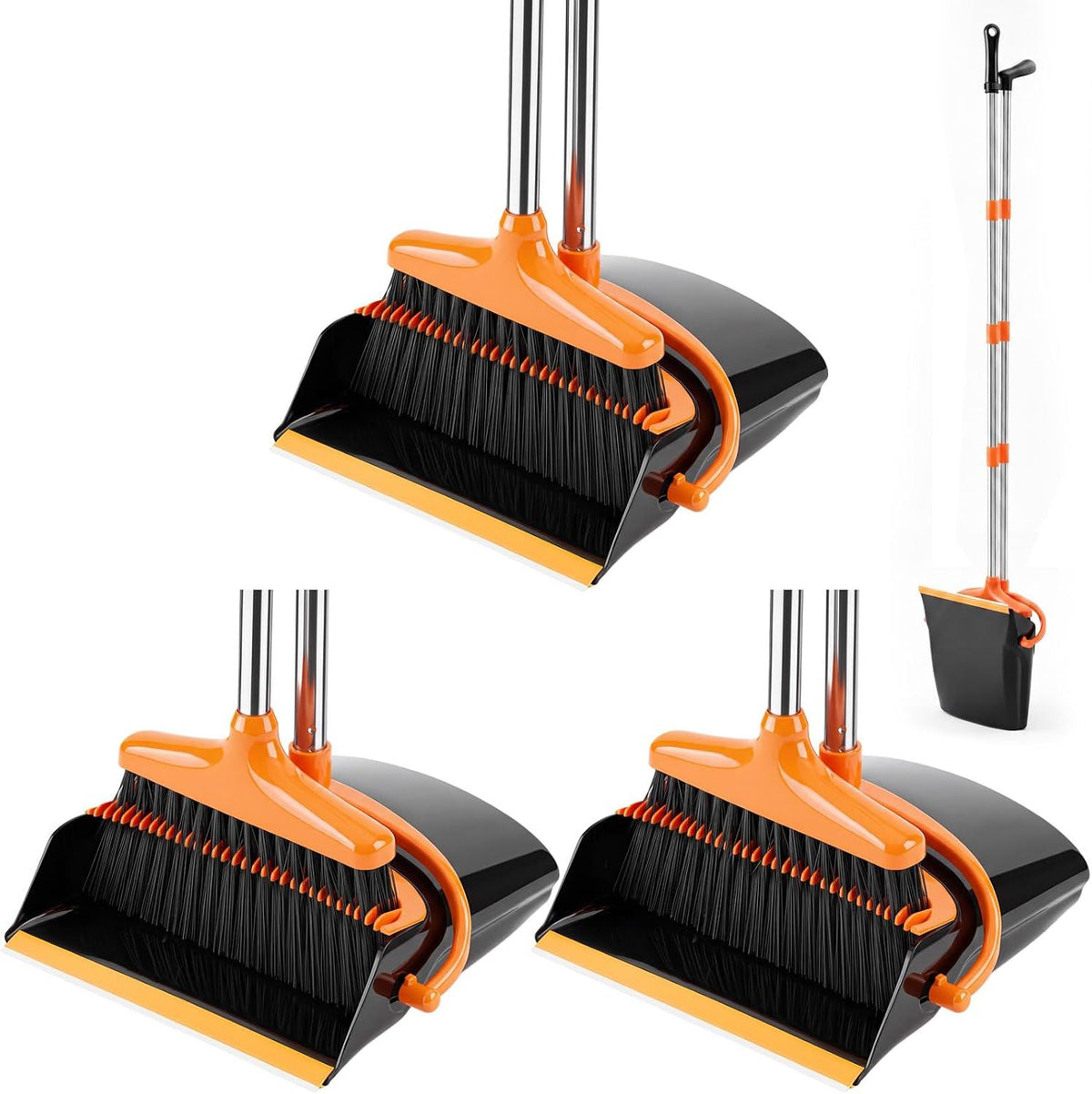 54.33-inch long-handled, one-piece design, lightweight stainless steel handle, upright dustpan with broom combination, suitable for household, kitchen, office and pet hair cleaning (black and orange).
