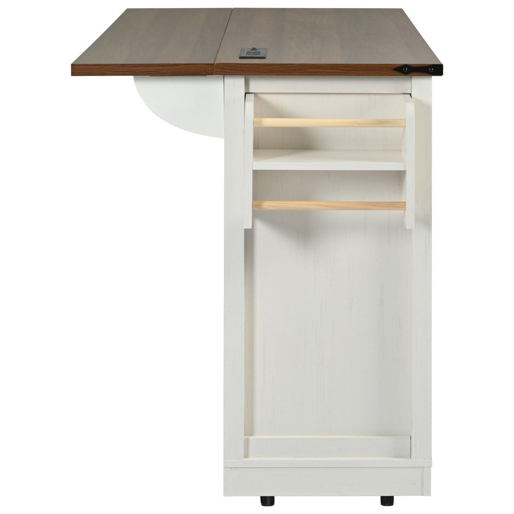 53.7" Farmhouse Kitchen Island with Power Outlet, 2 Sliding Barn Door Kitchen Storage Island with Drop Leaf, Spice Rack Rolling Kitchen Cart on Wheels, for Home, Kitchen and Dining Room