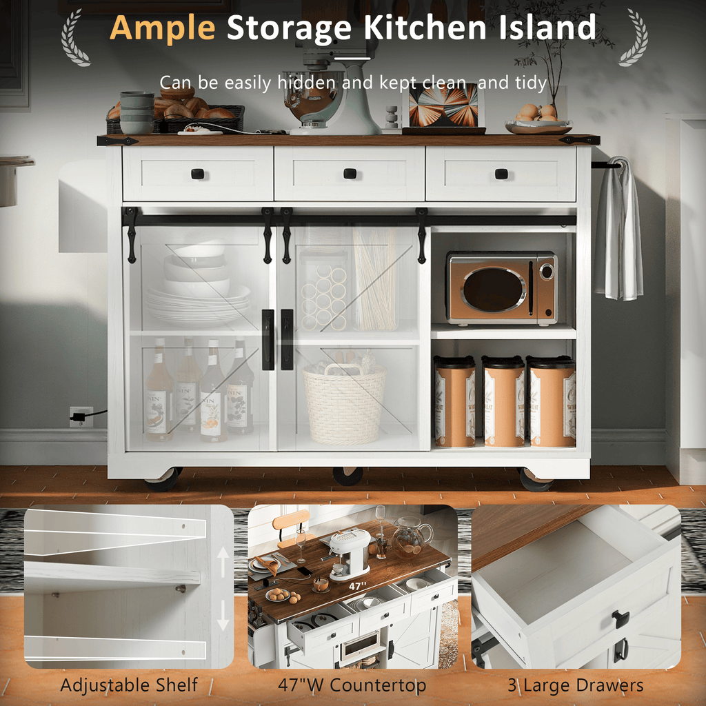 53.7" Farmhouse Kitchen Island with Power Outlet, 2 Sliding Barn Door Kitchen Storage Island with Drop Leaf, Spice Rack Rolling Kitchen Cart on Wheels, for Home, Kitchen and Dining Room