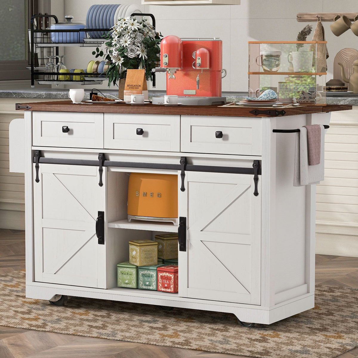 53.7" Farmhouse Kitchen Island with Power Outlet, 2 Sliding Barn Door Kitchen Storage Island with Drop Leaf, Spice Rack Rolling Kitchen Cart on Wheels, for Home, Kitchen and Dining Room