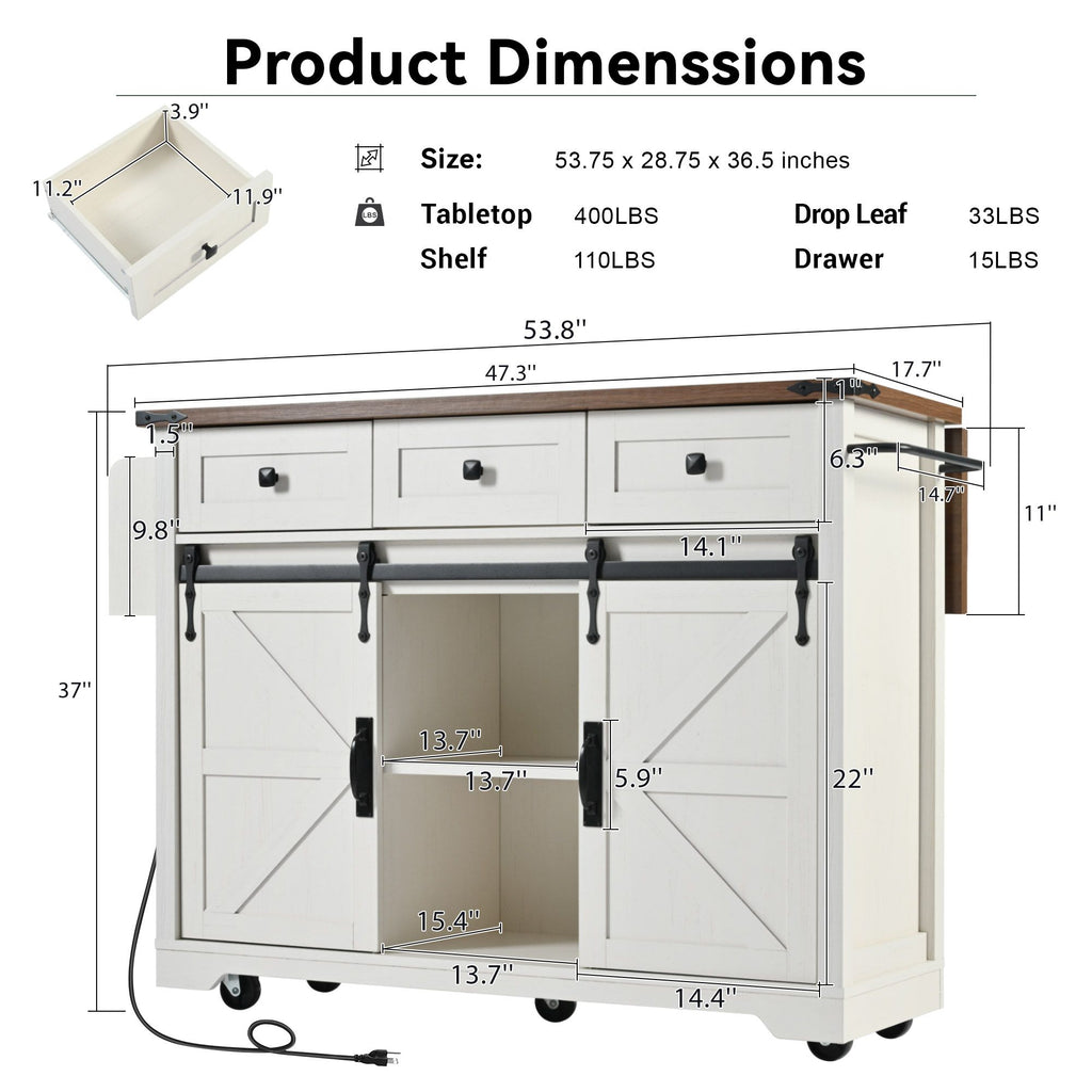 53.7" Farmhouse Kitchen Island with Power Outlet, 2 Sliding Barn Door Kitchen Storage Island with Drop Leaf, Spice Rack Rolling Kitchen Cart on Wheels, for Home, Kitchen and Dining Room